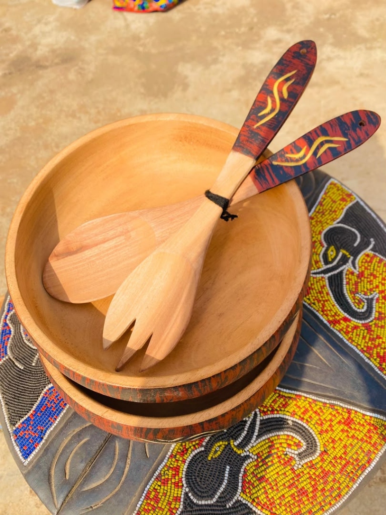 Handcrafted Wooden Bowl with Salad Servers